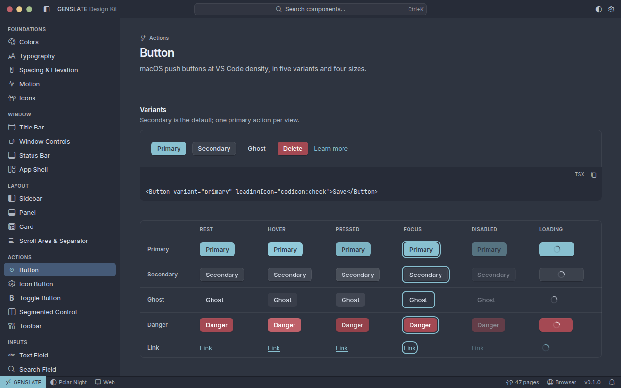 The SLATESUITE design kit app in the Polar Night theme, with a custom titlebar, sidebar and color palette.